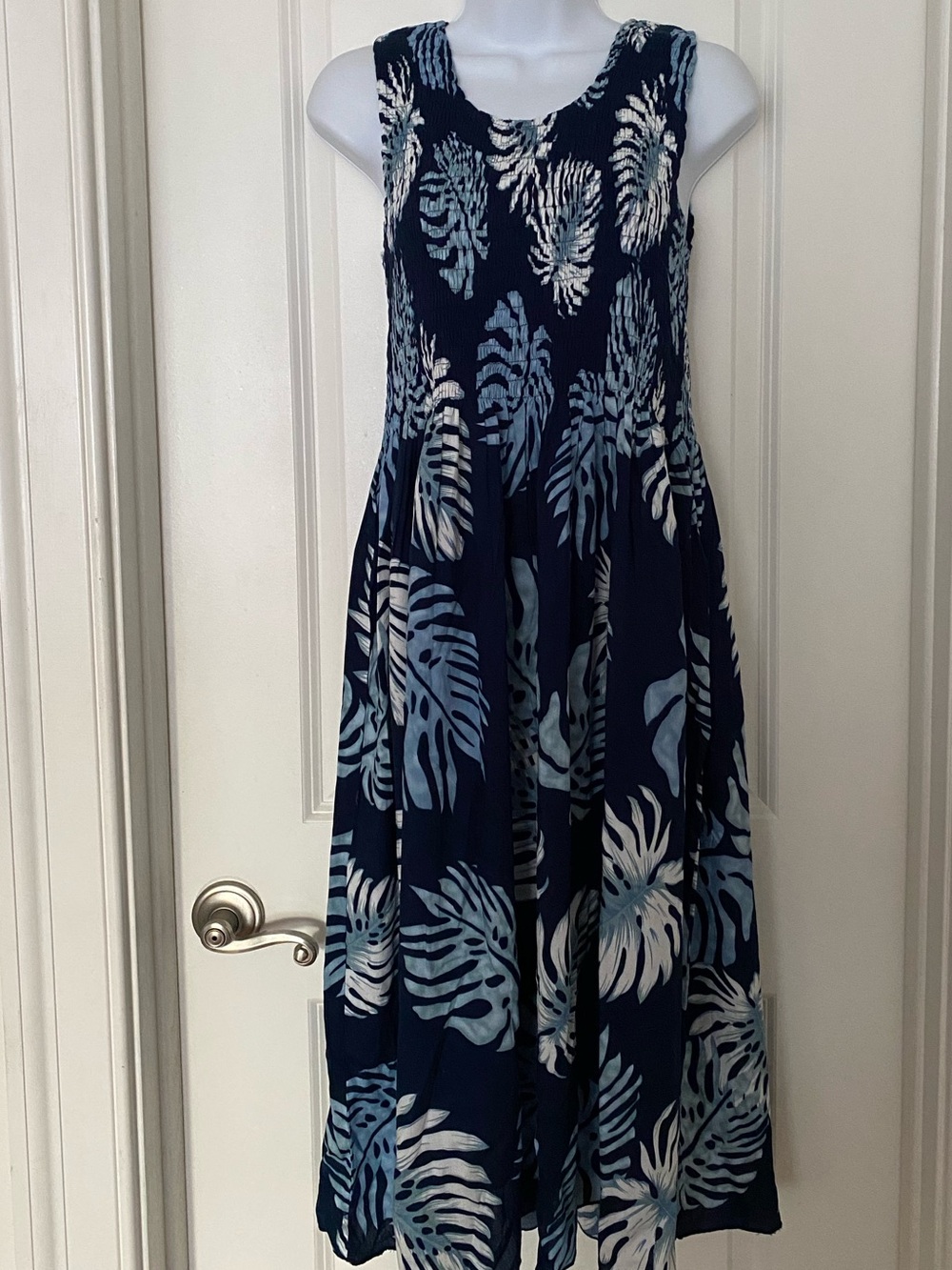 Punny  Elastic Tank Dress  Palm Leaves Navy One Size Hawaiian Midi Dress Cruise